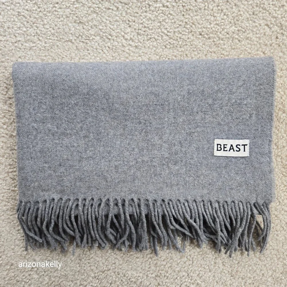 NWOT Beast Wool Scarf Grey Fringed Thick Oversized